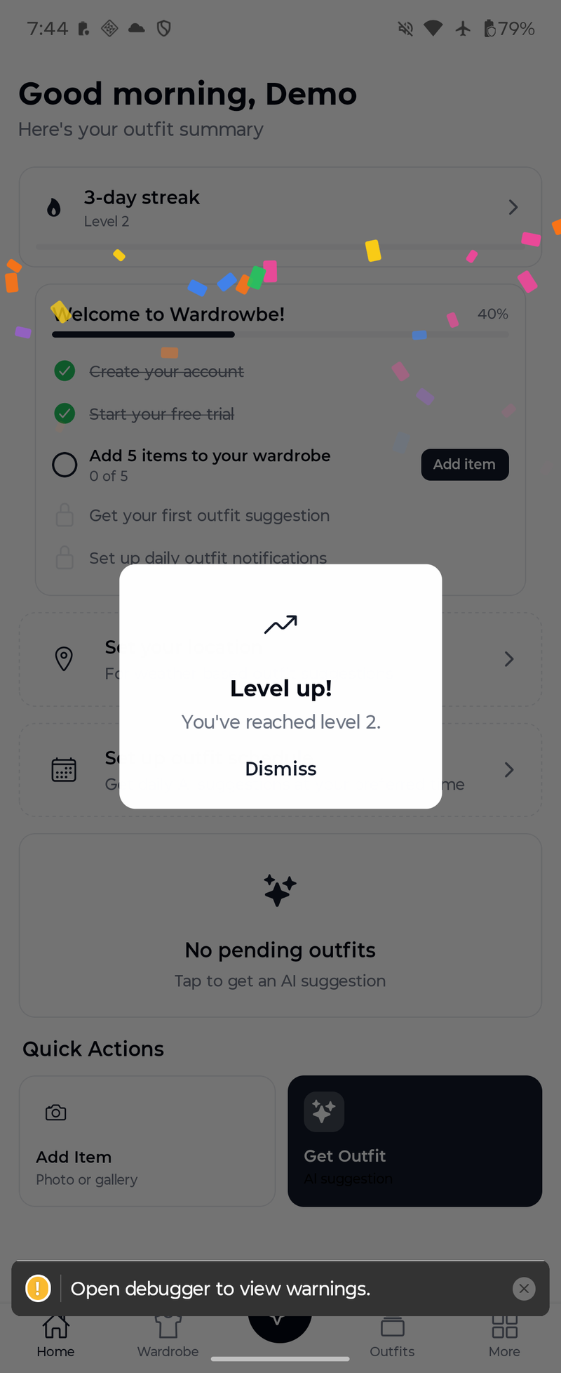 A Level Up celebration modal with confetti actively falling on screen
