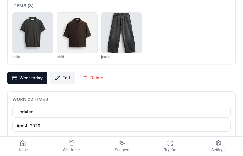 Outfit detail with Edit action visible