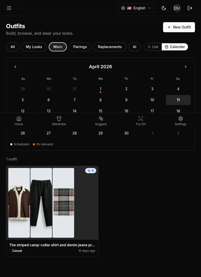 Calendar mode of the Outfits tab