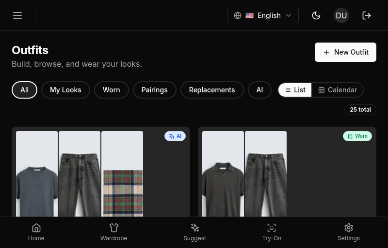 Outfits list with filter chips