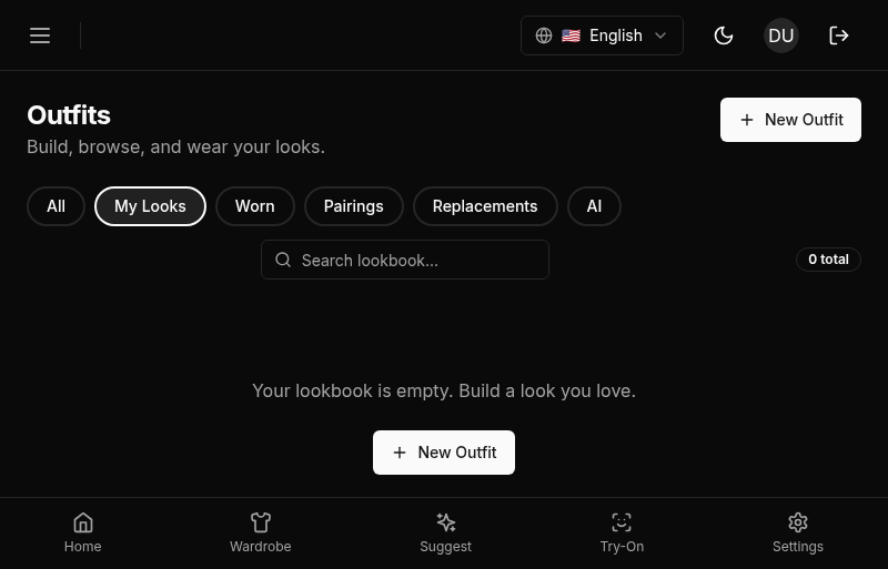 Unified Outfits page with filter chips and the Build new button