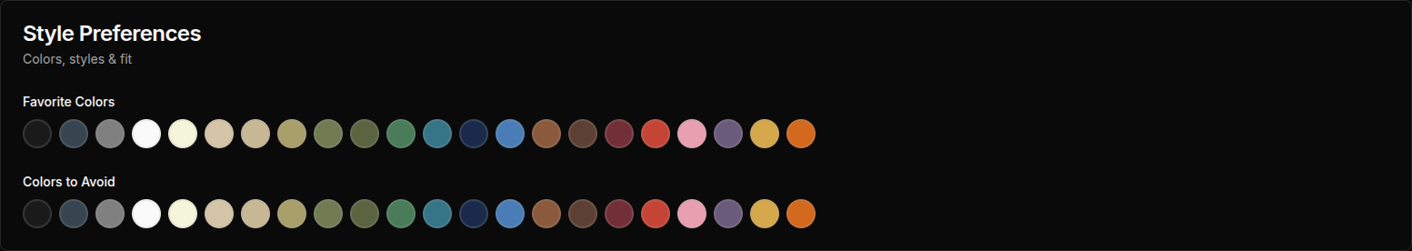 Style preferences color selectors