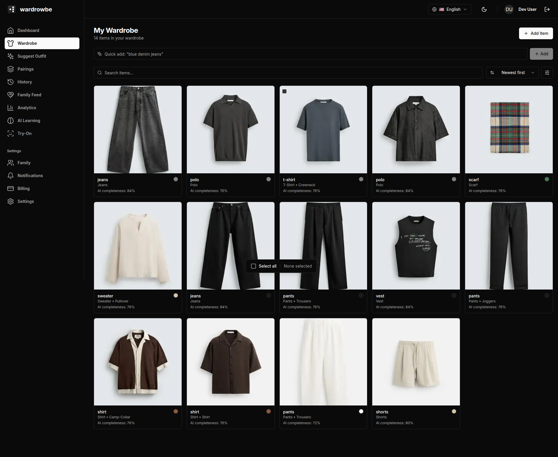 Wardrobe grid with selection toolbar