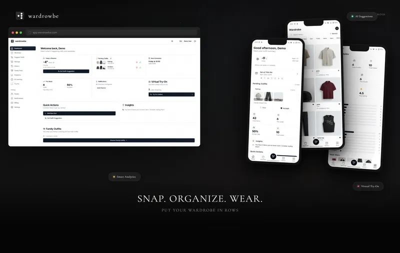 Wardrowbe mobile app showing AI outfit suggestions and virtual try-on feature