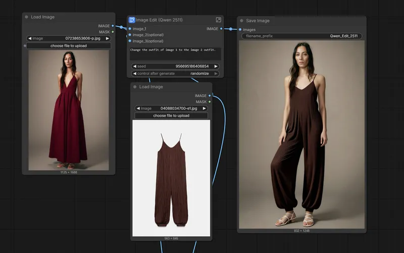 Another ComfyUI virtual try-on workflow showing accurate garment transfer