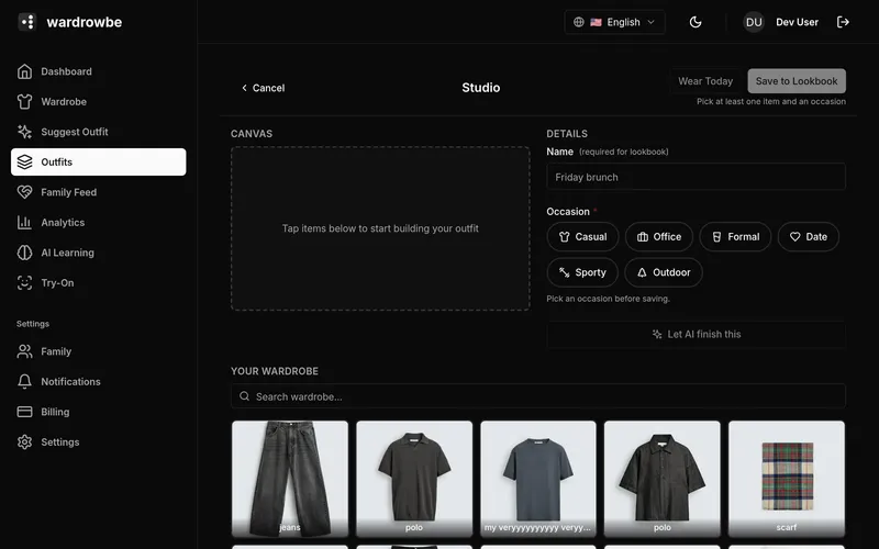 Outfit Studio canvas with items placed in role slots, ready to save as a named outfit