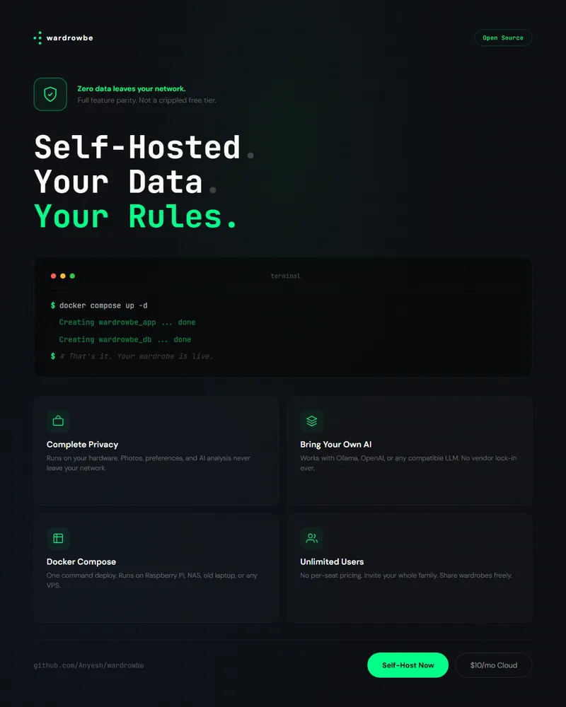 Privacy-first wardrobe application with encrypted data and self-hosted deployment