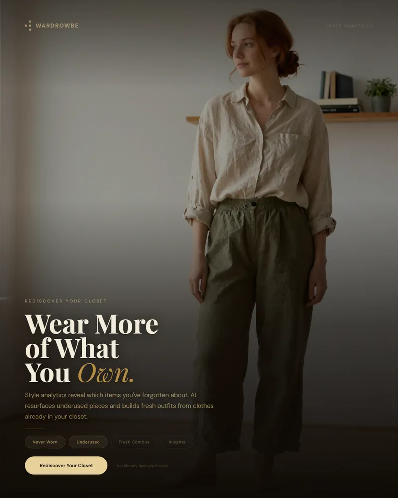 Clean minimal wardrobe with organized clothing and Wardrowbe analytics on tablet