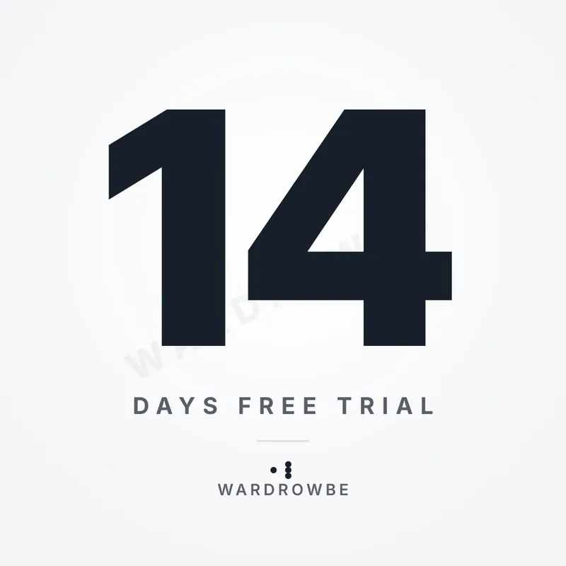 Minimal poster with a large number 14, the words Days Free Trial underneath, and a faint diagonal Wardrowbe watermark