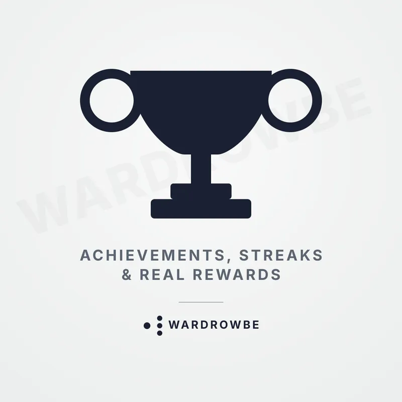 Minimal poster of a trophy icon with the words Achievements, Streaks and Real Rewards underneath, and the Wardrowbe logo