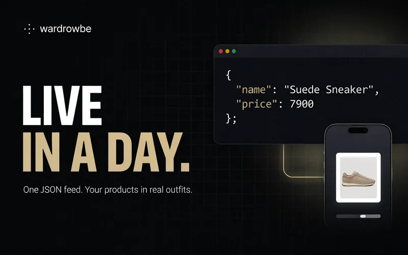 Poster showing a JSON product feed flowing into a phone outfit suggestion, with the headline live in a day