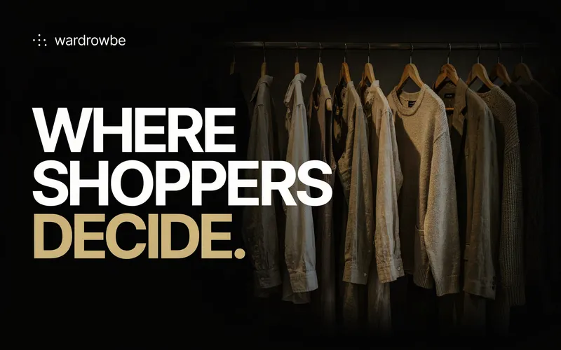 Editorial poster of a boutique clothing rack under moody light with the headline where shoppers actually decide