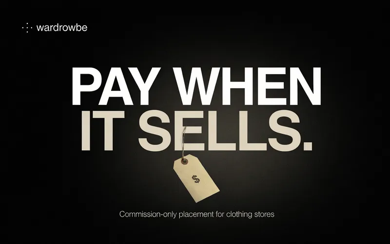 Minimal dark poster with the headline pay when it sells and a price tag motif for commission-based fashion marketing