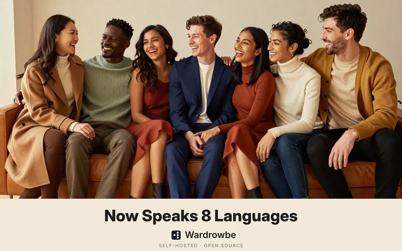 Seven well-dressed friends from different countries laughing together on a leather sofa, above the headline Now Speaks 8 Languages and the Wardrowbe logo