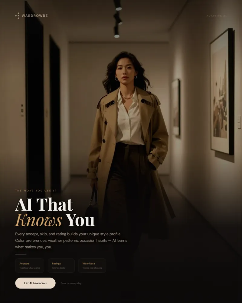 Confident woman in a trench coat walking through a gallery hallway representing personal style