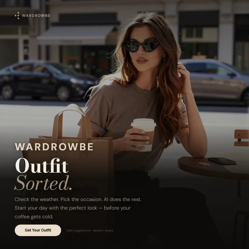 Woman checking her outfit suggestion on phone while holding coffee in a morning routine