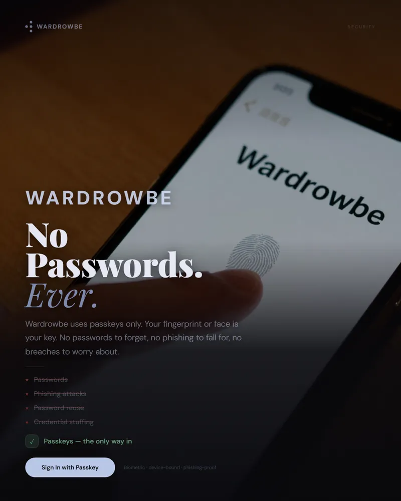Fingerprint on phone screen illustrating passwordless passkey authentication for Wardrowbe
