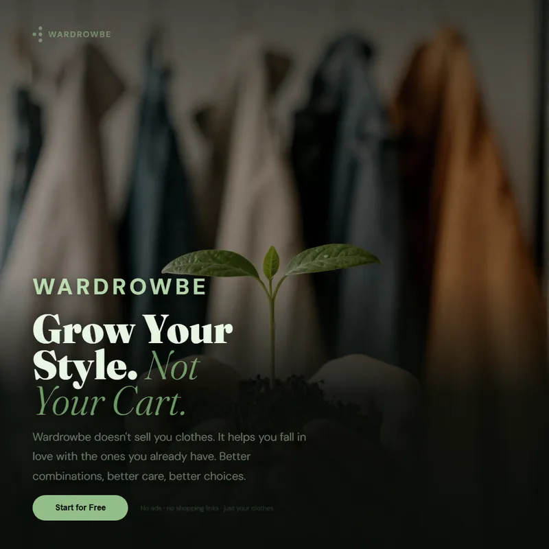 A small plant growing among hanging clothes symbolizing intentional wardrobe growth over shopping