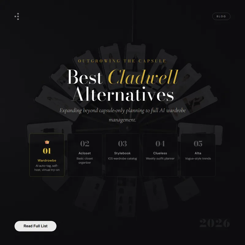 Alternative wardrobe apps to Cladwell showing AI outfit suggestions and features