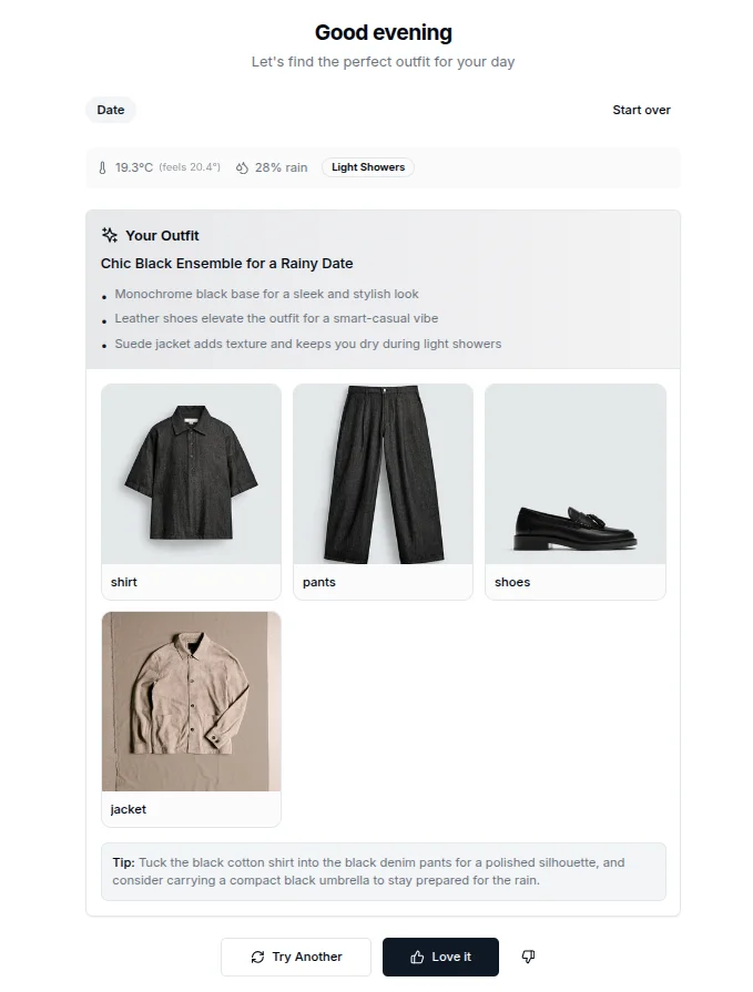 AI-powered daily outfit suggestion with weather integration