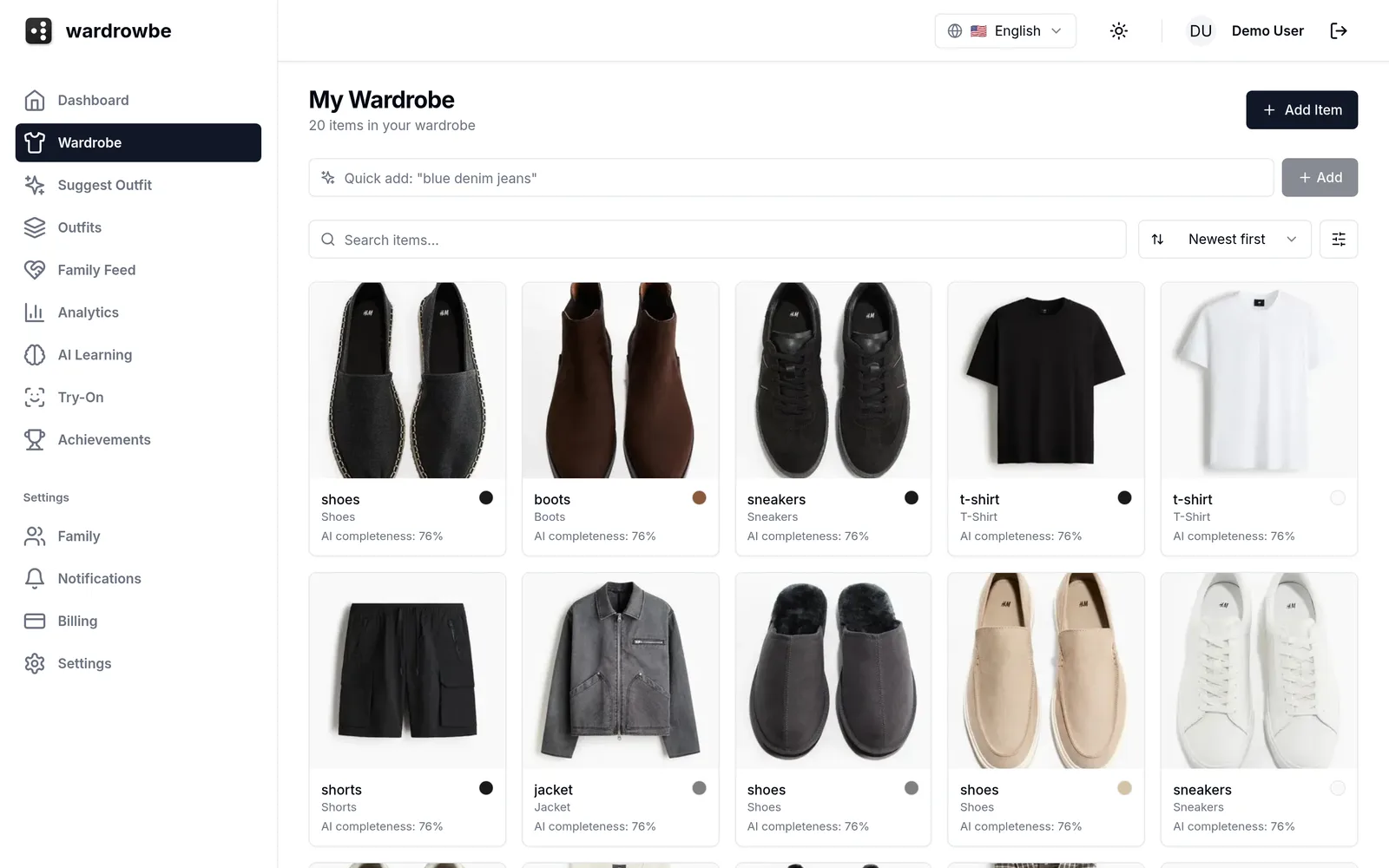 Wardrowbe web dashboard showing the digital wardrobe grid with AI-tagged clothing items